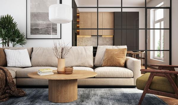 Sofa vintage dengan meja kopi modern